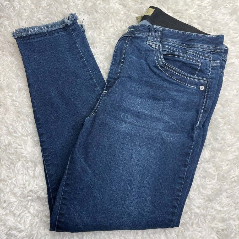 Democracy Ab Tech Women Sz 14 Blue Jeans Denim Skinny Mid Rise Med Wash Raw Edge